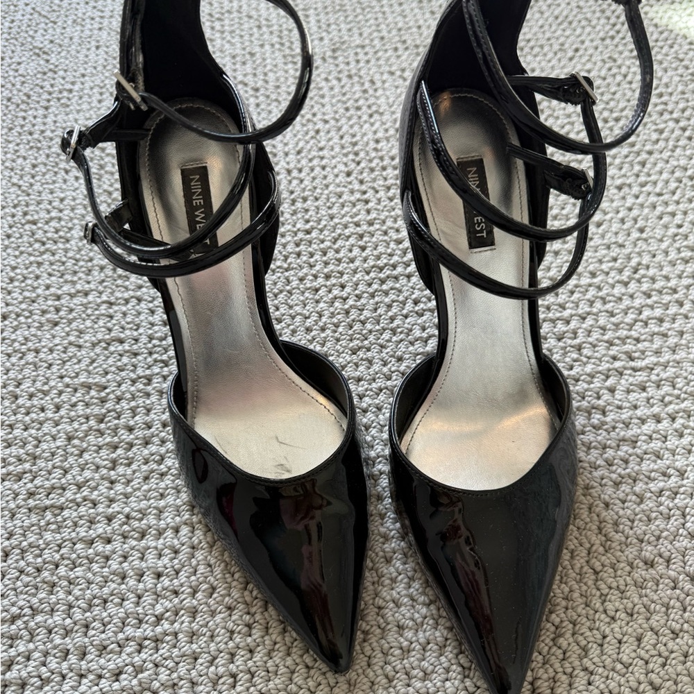 Nine West Glossy Black Strappy Heels